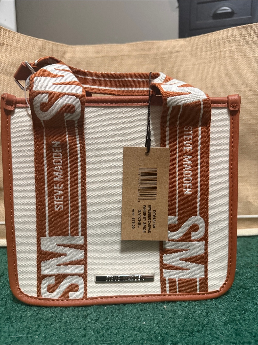 Steve Madden White Canvas Tote with Tan Logo Straps